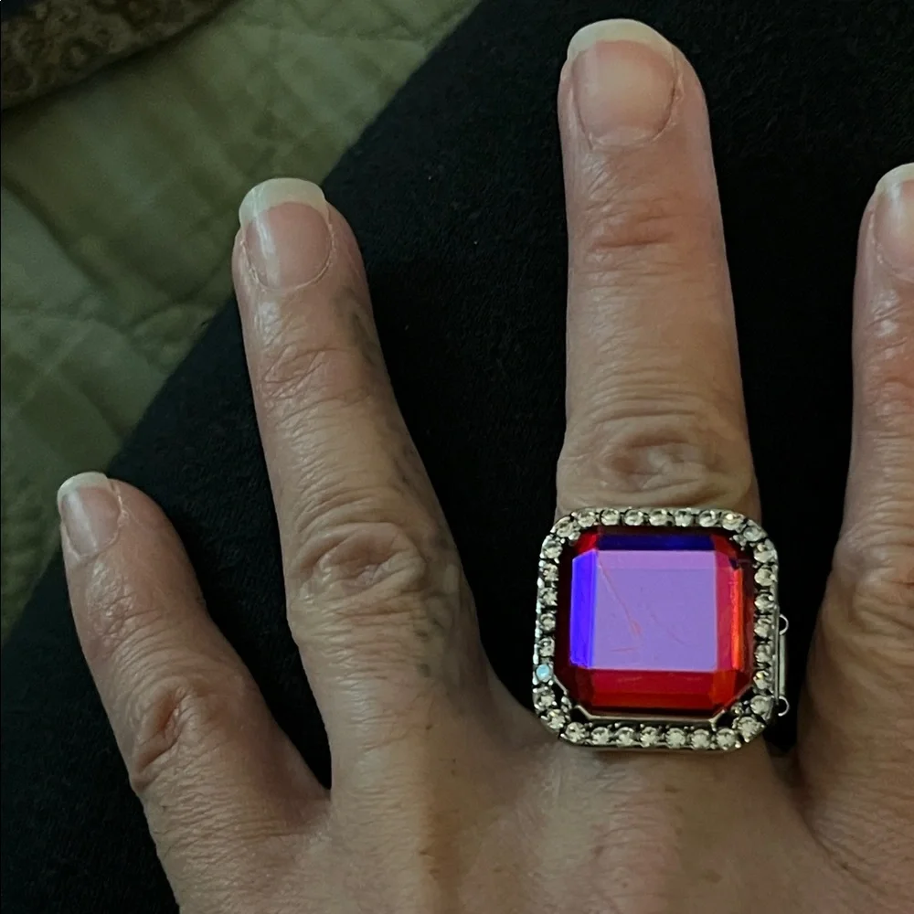Statement Pink Square Crystal Ring with Clear Halo